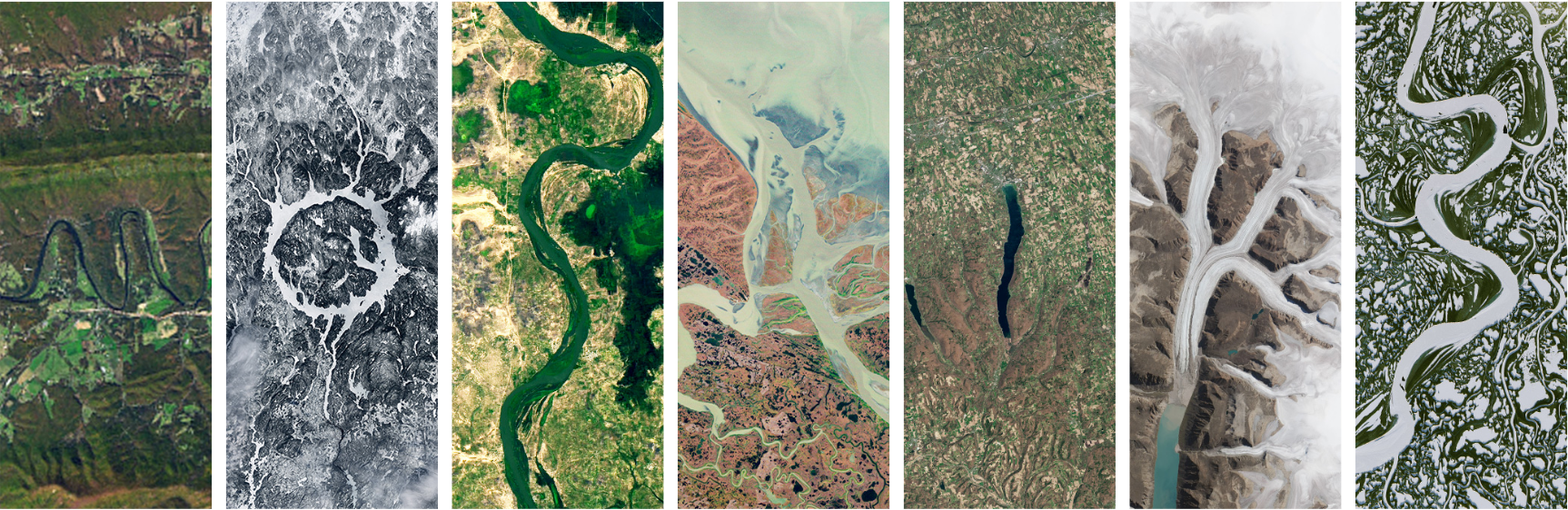 MOSAIKS spelled out with imagery from the Landsat Satellite Constellation data catalog. Made with: Your Name in Landsat